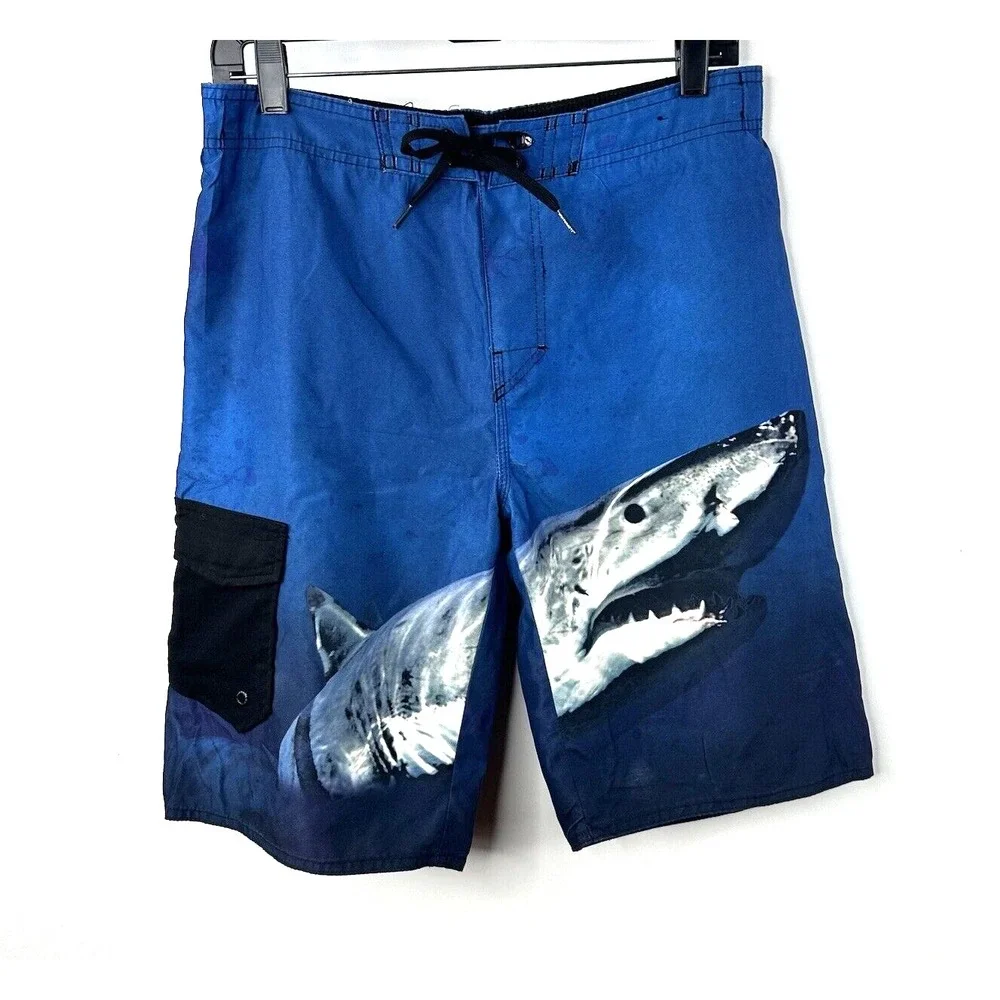 Hang Ten Surf Swim Board Shorts Trunks Youth Boys Large Shark Blue‎ Pocket Liner